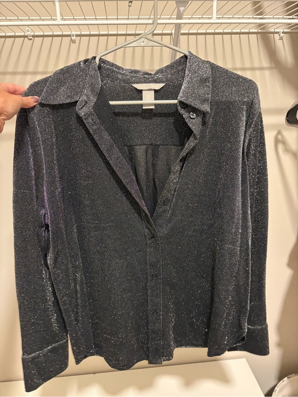 H&M Sparkle Button-Up Shirt in Shimmering Charcoal